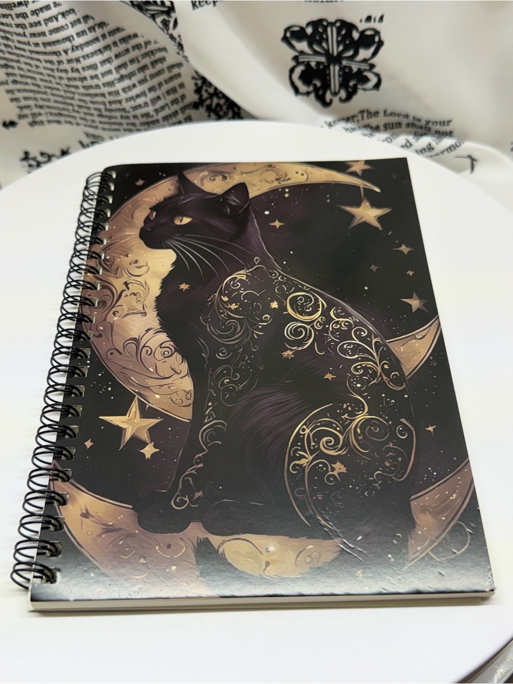 Black & Gold Celestial Cat Spiral Notebook - Unbranded